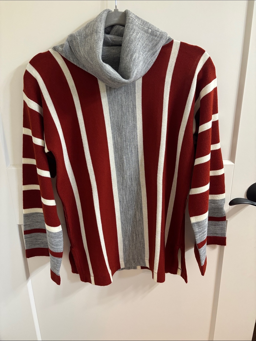 Striped Cowl Neck Sweater in Red, Gray & Cream